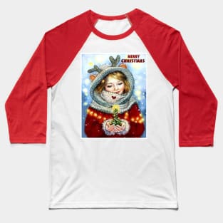 Merry Christmas Young Girl holding a Xmas Tree Vintage Print Baseball T-Shirt